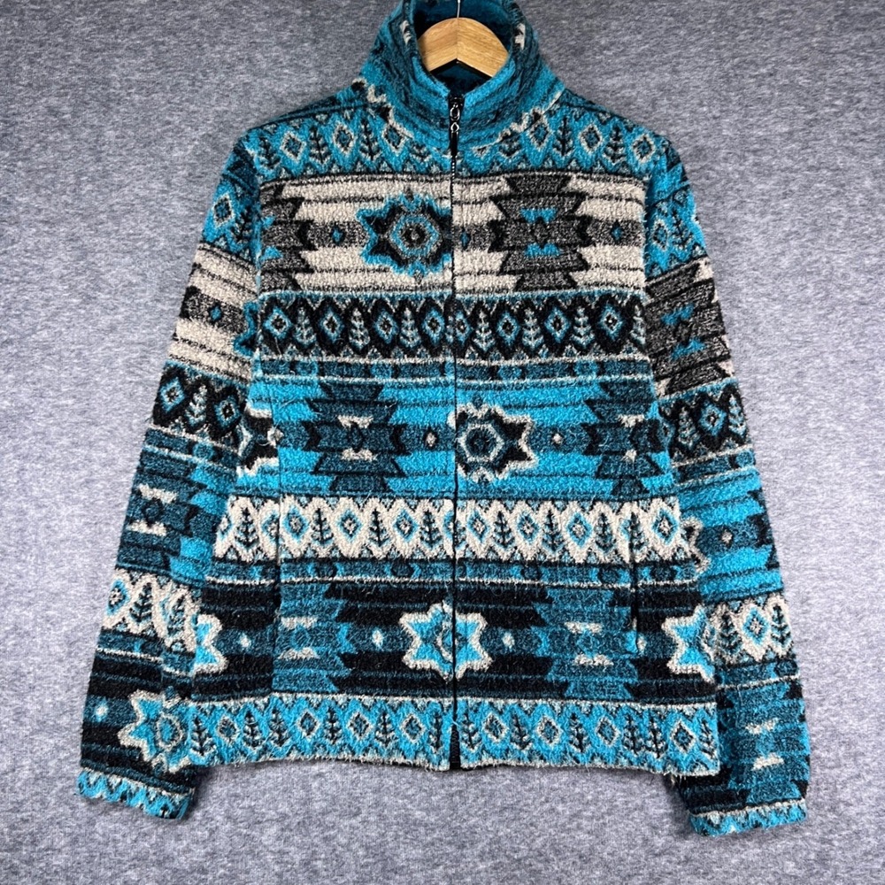 Vintage Southwestern Fleece Jacket Womens Large Turquoise Aztec Zip Up Excellent